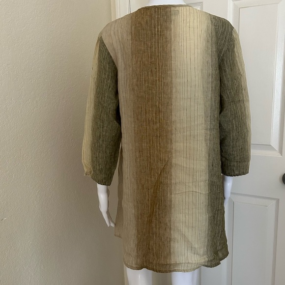 Flax- Striped Linen tunic Button down with 3/4 sleeves Earthy Tones Size S - Picture 4 of 12